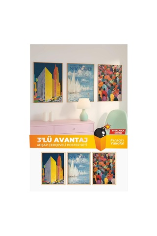 3'lü Ahşap Çerçeveli Poster Seti New Yorker & Şehir Manzaralı Retro Sanat Koleksiyonu Çok Renkli 21 X 30 Genel