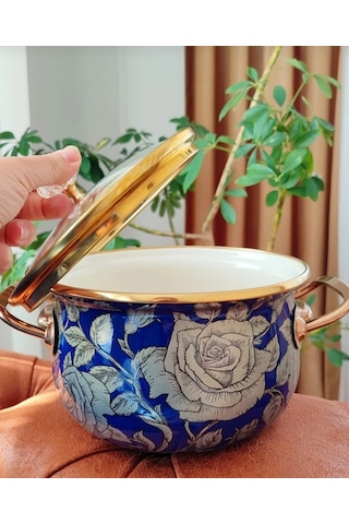 Lüx Vintage 18 Cm 2 Litre Küçük Boy Lacivert Gül Emaye Süt Yoğurt Yemek Tencere Gold - Lacivert