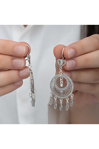 925 Ayar Gümüş Çember Telkari Sallantılı Kadın Küpe 14 MM Gümüş