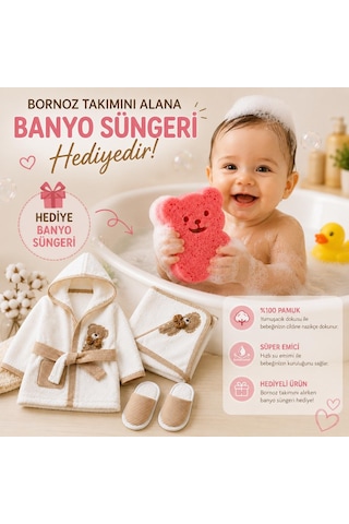 Bebek Bornoz Seti %100 Pamuk 0-1 Yaş Kapüşonlu Yenidogan Ayıcık Nakişli Bornoz Havlu Terlik Kese + 4 Renkli Banyo Süngeri li Beyaz