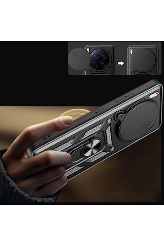 Tecno Camon 40 Premier 5g Kılıf Sürgülü Tank Zırh Yüzüklü Mıknatıslı Standlı Kapak S-vega Siyah