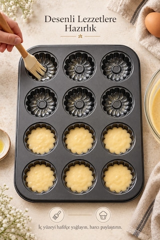 Tilbe Home 12'li Gül Kabartma Muffin Kalıbı Yapışmaz Cupcake Kek Kapsül Brownie Fırın Tepsisi Paslan Siyah