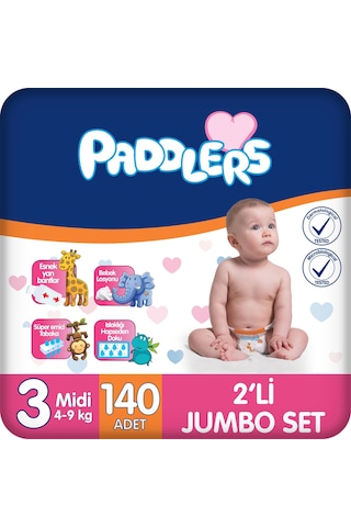 Bebek bezi 3 Numara (4-9 Kg) Midi 70x2 Adet 2'li Jumbo Set, Hassas Ciltlere Uygun