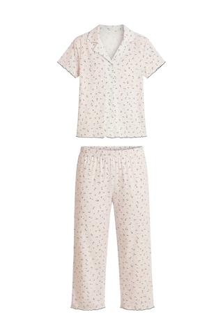 Cottonhill Beyaz Çiçek Desenli Pointel Gömlek Yaka Kadın Pijama Takımı