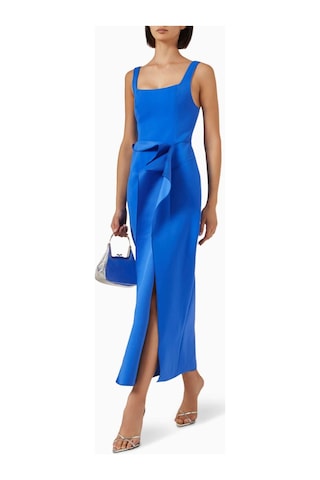 Acler Tuthill Midi Elbise - Scuba Kumaş - Ön Yırtmaçlı - Çizgili Korse - 100% Polyester Mavi