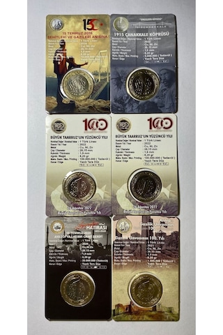 6 'lı Hatıra 1 Lira Para Kiti Seti, Ayasofya, Antep, Çanakkale, 15 Temmuz, 2'li Büyük Taarruz Çil