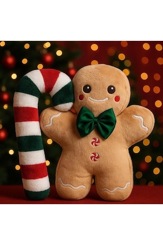 Sevimli Kurabiye Adam Peluş 40 Cm Ve Baston Şeker Yastık Peluş 45 Cm Yılbaşı Dekorasyon Çok Renkli