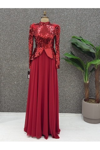 E&A Eren Abiye "uzun Kollu Payetli Ve Şifon Etekli Kloş Abiye Elbise Kırmızı