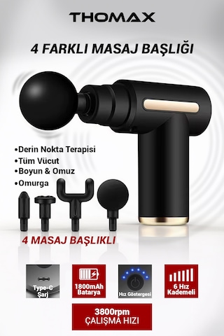 Thomax Profesyonel Şarjlı Darbeli Masaj Tabancası Masaj Aleti 4 Başlıklı 6 Kademe Tüm Vücut Siyah