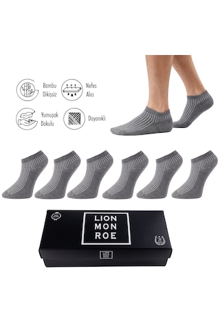 Lion Monroe Saf Bambu Erkek Patik Düz Kısa Gri Çorap Dikişsiz Premium Kutulu 6'lı L5952aznp Softaura