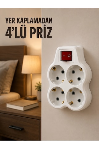 4 Lü Priz Çoğaltıcı Açma Kapama Anahtarlı Kablosuz Duvar Tipi Priz Adaptörü 0 - 2 M