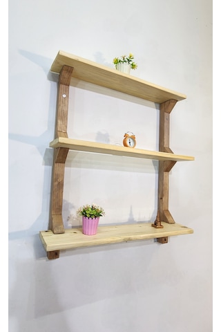 Modern 3 Katlı Ahşap Duvar Rafı Dekoratif Masif Ahşap Kitaplık Ve Duvar Rafı Bej
