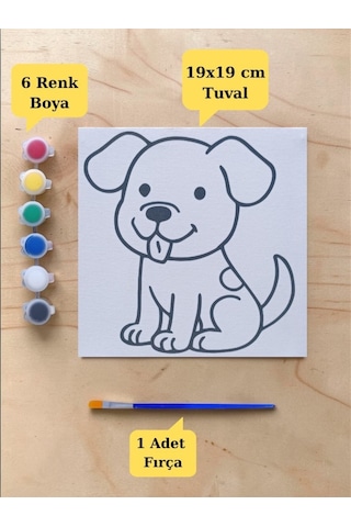 Tuval Boyama Aktivite Seti Sevimli Köpek Baskılı 19x19 Cm Tuval, Fırça Ve 6 Renk Akrilik Boya Seti