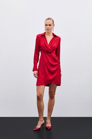 Sateen Desenli Kruvaze Elbise - Kırmızı-135583 Kırmızı
