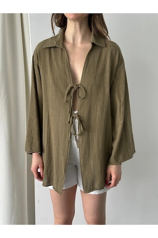 Olive %100 Keten Bağcık Detaylı Kimono Bluz - 5218 Yağ Yeşili