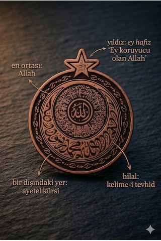 Ayetel Kürsi & Kelime-i Tevhid & Ey Hafız Yazılı Antik Bakır Rozet Manevi Koruma Sembolü