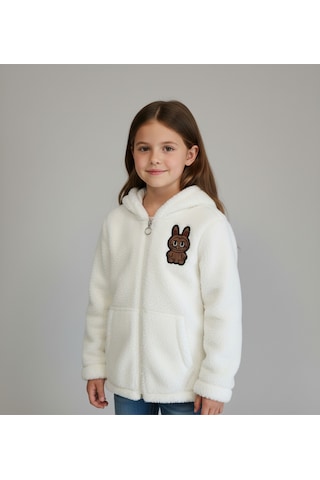 Labubu Nakışlı Pelüş Kapüşonlu Kız Çocuk Hırka Beyaz