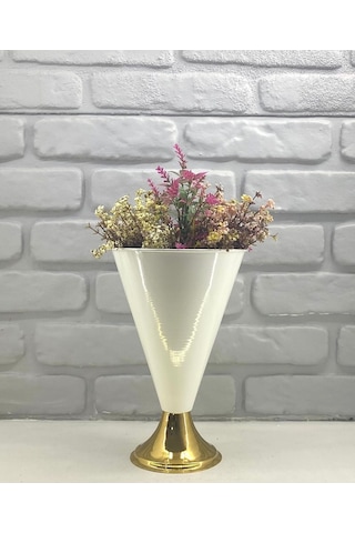 Decodelight Modern Dekoratif Konik Gold Ayaklı Beyaz Büyük Vazo Beyaz - Gold