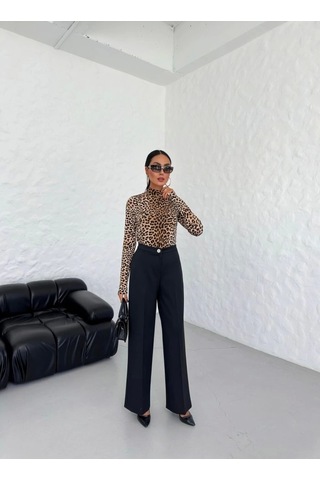 Defymoda 230 Gr Poly Viscose Lycra Metal Düğme Palazzo Pantolon Siyah
