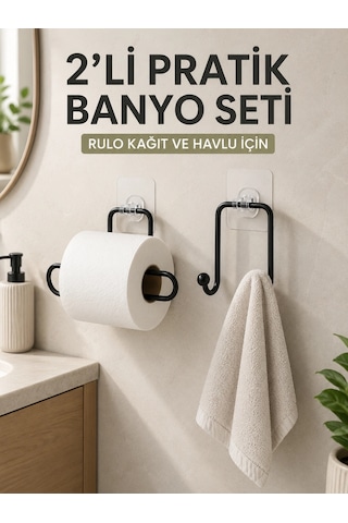 2 Li Yapışkanlı Banyo Düzenleme Seti Rulo Kağıt Tutucu Ve Havlu Askılığı Renkli