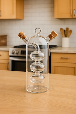 Çift Hazneli Cam Premium Yağdanlık & Sirkelik -360ml Zarif Ve Şık Tasarım Şeffaf