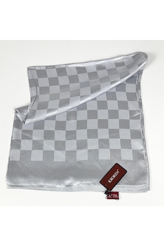 Kroren Krep Jakarlı Dama Desen Şal - 70 X 190 Gümüş