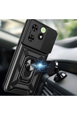 Zore Tecno Spark Go 2024 Kılıf Magnetik Standlı Kamera Korumalı Sürgülü Vega Kapa Siyah