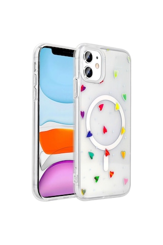 Techaks Apple Uyumlu iPhone 11 Kılıf M-safe Şarj Özellikli Şeffaf Zore Folk Sert Kapak - Kalp Beyaz