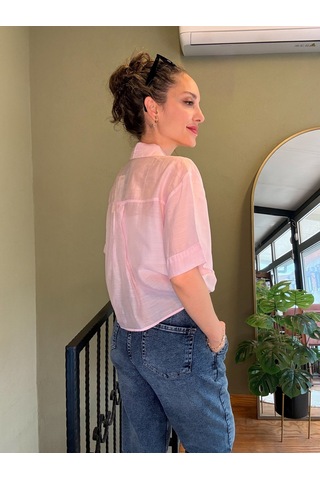 Ali Butik Pembe Şifon Crop Gömlek