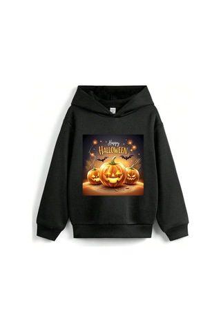 Stil X Halloween - Cadılar Bayramı Baskılı, Kapüşonlu Çocuk Sweatshırt, 3 İplik Şardonlu Siyah-5