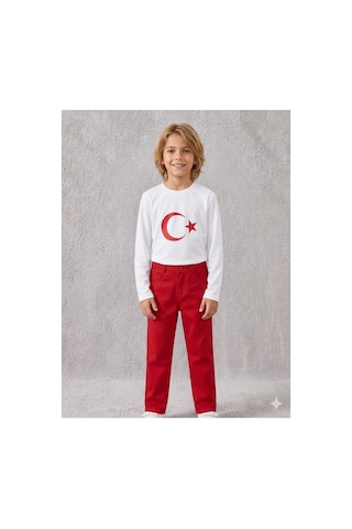 Çlm Store Likralı Kırmızı Pantolon Ve Uzun Kollu Ayyıldızlı Tişört Kırmızı-beyaz Kırmızı-beyaz