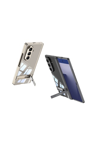 Samsung Uyumlu Galaxy Z Fold 7 Kılıf Kamera Korumalı Şeffaf Tasarımlı Nourthkingdom Standlı Kılıf Gümüş
