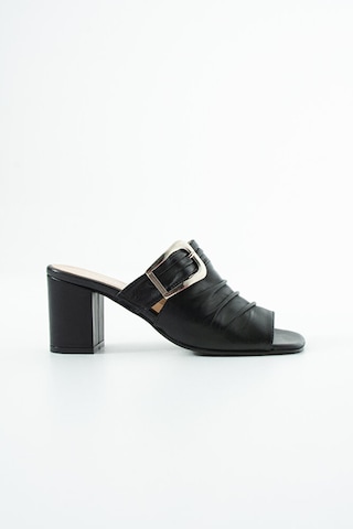 Dericia Shoes Legacy Hakiki Deri Kadın Kalın Topuklu Piliseli Terlik Siyah