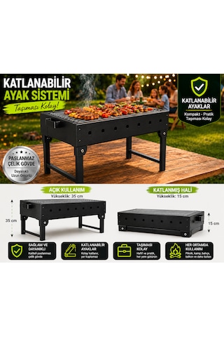 Dtagas Bahçe, Kamp Ve Piknik Için, Katlanabilir Ayaklı, Çelik Gövdeli Profesyonel Mangal Siyah