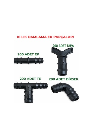 16 Mm Damlama Ek Parçası Dirsek,düz Ek, Te Ek, Tapa 200 Adet