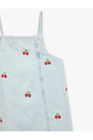 Koton Çilek Detaylı Kare Yaka Askılı Denim Elbise Lıght Indıgo 6smg80008ad Açık Mavi