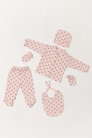 Baby Kids Colors 5 Parça Hastane Çıkışı Zıbın Set Yeni Doğan Fitilli Pembe Kumaşa Çok Renkli