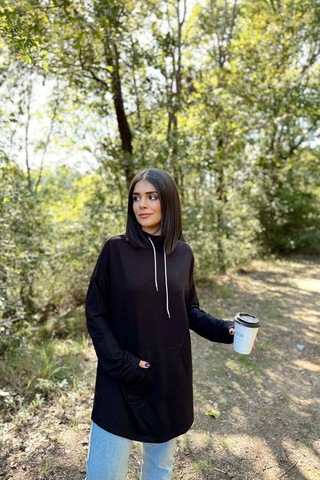 WeShaya Kadın Siyah Uzun Kol, Yakası Bağcıklı, Kapüşonlu, Kanguru Cep, Salaş, Uzun Tunik Sweatshirt Siyah