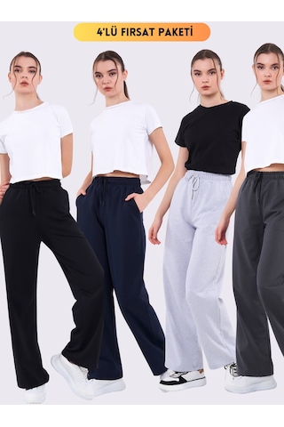 Siyah-lacivert-antrasit-gri Mevsimlik Salaş Geniş Rahat Paça Yandan Cepli Kadın 4'lü Eşofman Altı Cmreb67-4 001