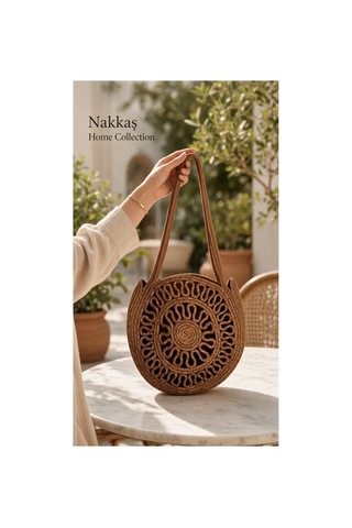 Nakkaş Home Collection Jüt Çanta Kadın Hasır Çanta, Plaj Çantası, Omuz Ve Günlük Kullanım Çantası-kahverengi-40x35 Cm