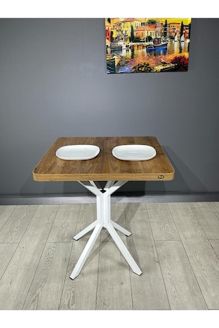 Tepe Ceviz Beyaz Mutfak Yemek Masası Balkon Masası Kavisli Köşe Beyaz Ayak 70 Cm