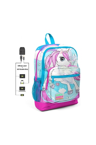 Coral High Mavi Unicorn Baskılı Okul Çantası ve Beslenme Çantası USB Soketli