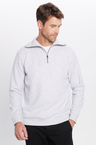 Tudors Unisex Relax Fit Rahat Kesim Fitilli Desenli Pamuklu Yarım Fermuarlı Gri Dik Yaka Sweatshirt-31991 Gri