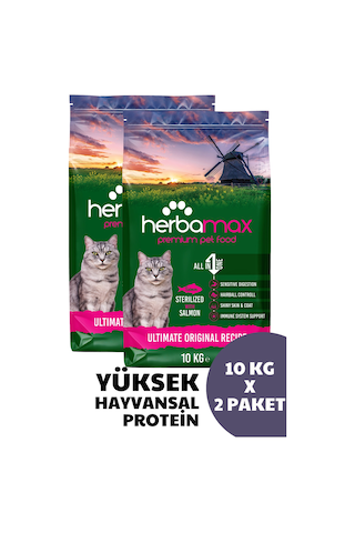 Herbamax Sterilised Kısırlaştırılmış Somonlu ve Pirinçli Yetişkin Kedi Maması 2 x 10 KG