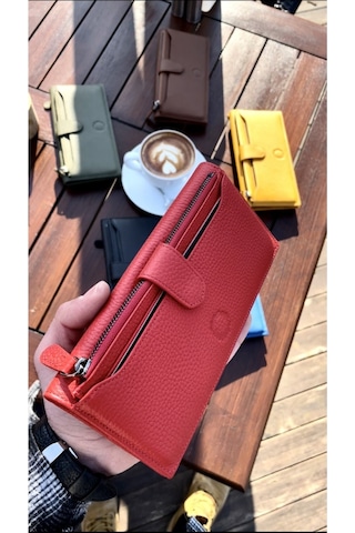 Kırmızı Peony Hakiki Deri Telefon Cüzdanı Kırmızı