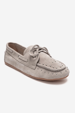 Luvishoes Cuesta Bej Süet Hakiki Deri Troklu Bağcıklı Kadın Loafer Ayakkabı