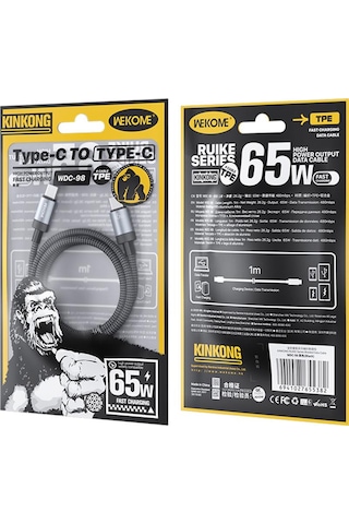 Wk Wdc-98 Kingkong Ruike Serisi 65w Usb-c / Tip-c Usb-c / Tip-c Örgülü Şarj Veri Kablosu, Uzunluk: 1m Siyah