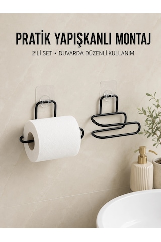 2 Adet Yapışkanlı Wc Kağıtlık Siyah Metal Pratik Duvar Tipi Rulo Tutucu Renkli
