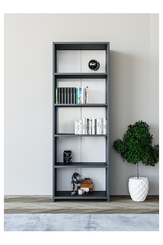 Alpa Ev Mobilya 5 Raflı Kitaplık, Modern Çok Amaçlı Ahşap Ofis, Salon Ve Mutfak Raf Dolabı Antrasit
