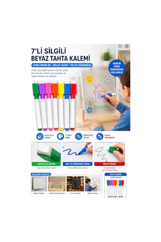 Bakgelal 7'li Silgili Beyaz Tahta Kalemi Akrilik Çizim Panosu Uyumlu Renkli Set Çok Renkli